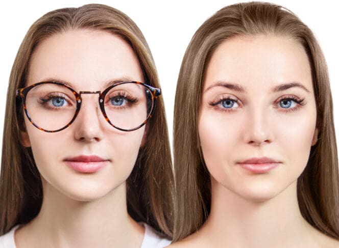 woman with and without glasses