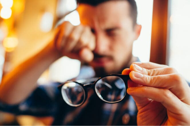 man rubbing eyes holding eyeglasses