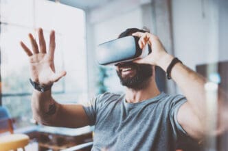 man using virtual reality vr headset
